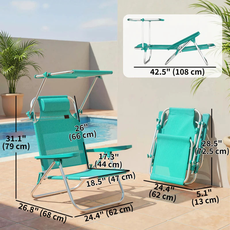 2 Piece Folding Beach Chairs with Adjustable Canopy, 6-Position Reclining Lounge Chair with Headrest, Turquoise