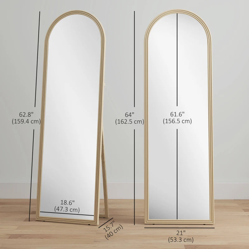 64" x 21" Full Length Mirror, Free Standing, Leaning or Wall, Arched Full Body Mirror with Faux Stone Frame, Beige