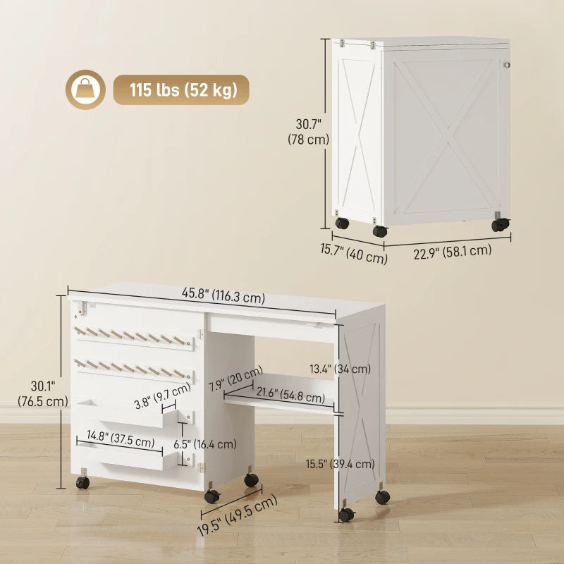 Sewing Machine Table on Wheels, Folding Craft Table with 2 Bins, Storage Shelf, 18 Pegs, Lockable Wheels, White