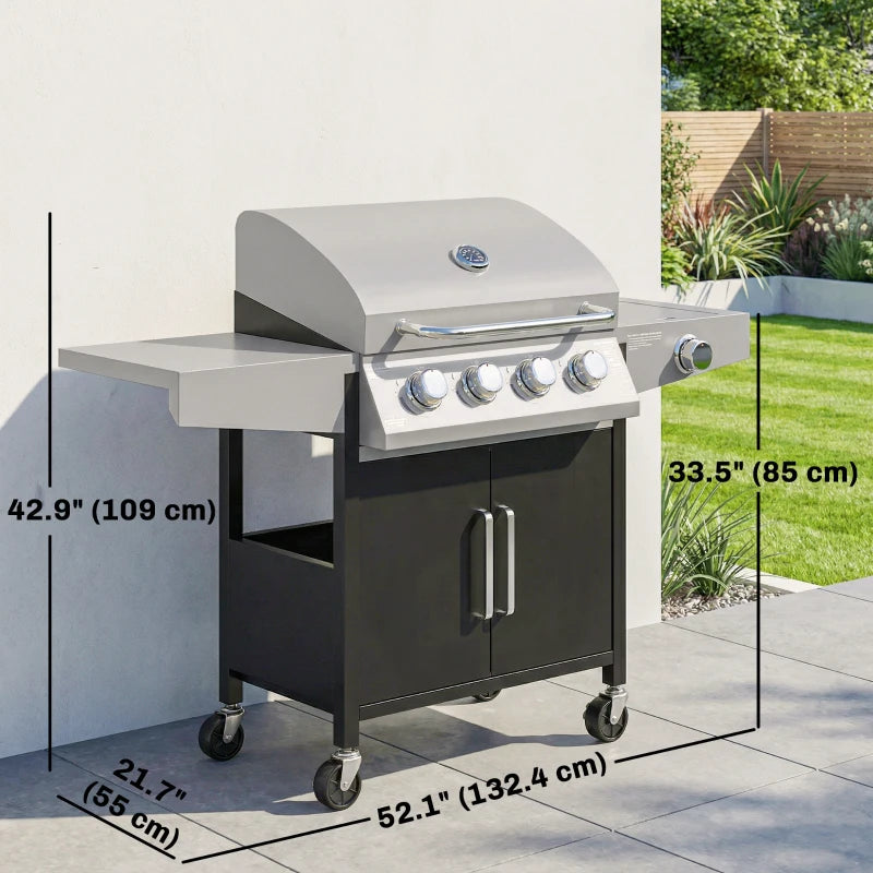 4+1 Burner Liquid Propane Gas Grill, Outdoor Portable BBQ Grill with Side Burner, Warming Rack, Side Shelf
