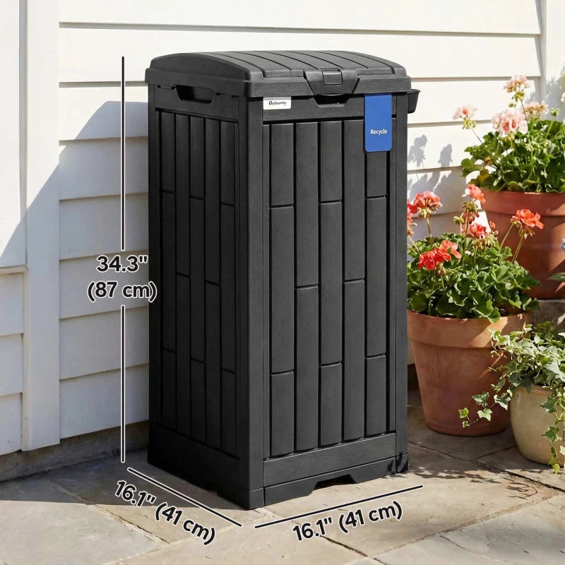 29 Gallon Outdoor Garbage Bin with Dual Lid, Plastic Outdoor Waste Trash Can with Side Holder and Drip Tray, Black