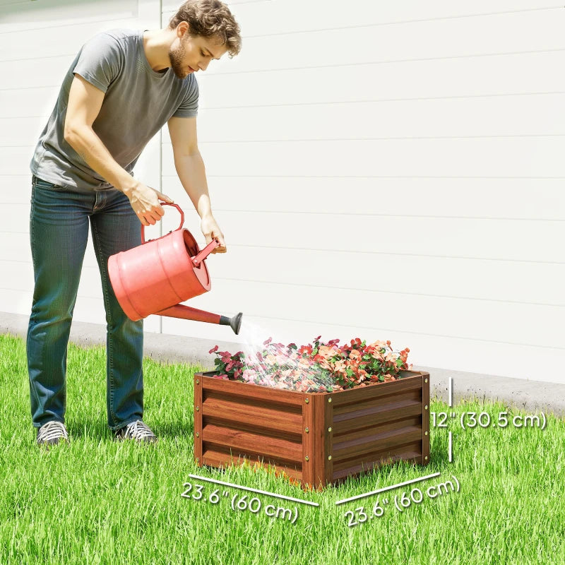 2' x 2' x 1' 2-Pieces Raised Garden Bed w/ Galvanised Steel Frame for Vegetables Flowers Herbs, Dark Brown Wood Effect