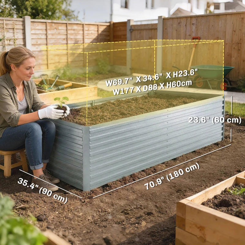 Set of 2 Galvanised Raised Garden Bed, 6 x 3 x 2 ft Metal Garden Bed with Safe Edging, Silver