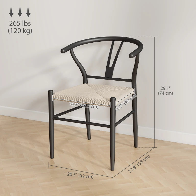 Set of 2 Weave Dining Chairs, Mid-Century Modern Dining Room Chairs with Y-Shaped Backrest and Hemp Seat, Black