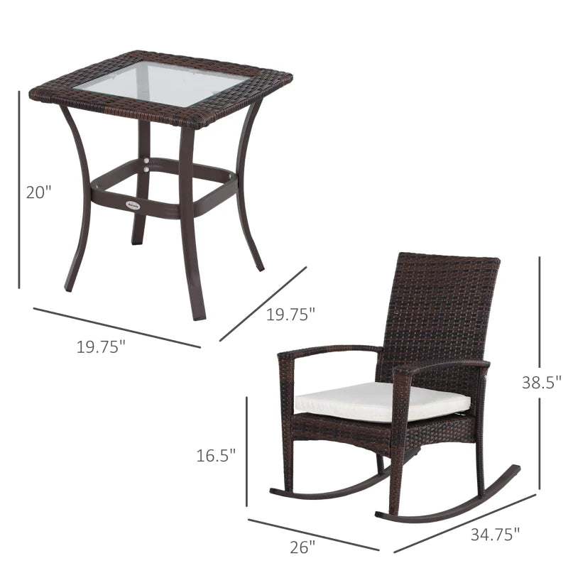 3 Pieces Patio Wicker Rocking Chair Set, Outdoor PE Rattan Bistro Set Conversation Rocker Set with 2 Chairs 1 Coffee Table for Backyard, Deck, Poolside, Cream White
