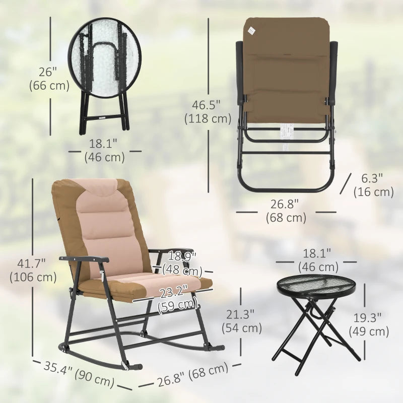 3-Piece Outdoor Foldable Rocking Chair Set, Light Brown
