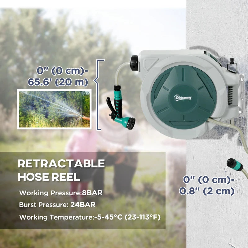 1/2 in x 65ft Wall Mounted Garden Hose Reel, Retractable Water Hose Reel with Auto Rewind, Any Length Lock, Green