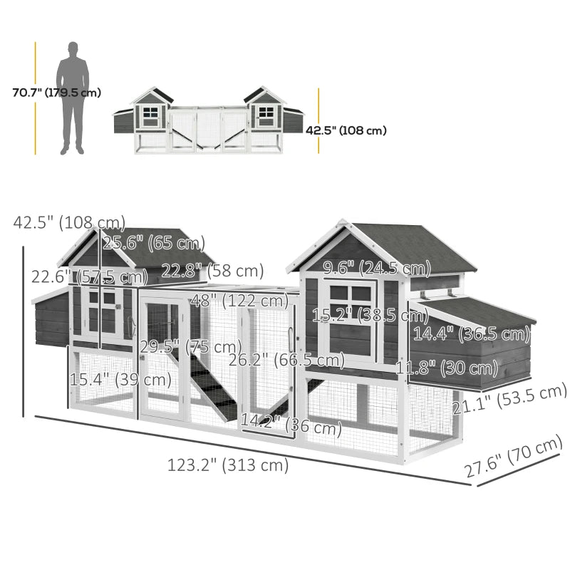 123" Extra Large Chicken Coop Wooden Poultry House Rabbit Hutch Hen Backyard with Run Ramps and Nesting Boxes, Grey