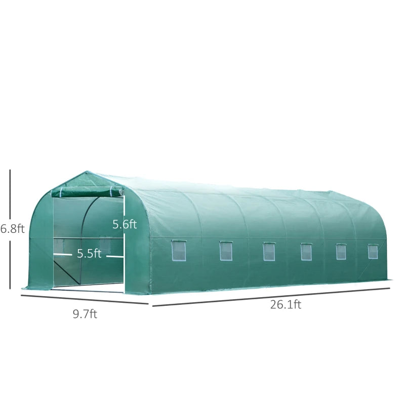 26' x 10' x 7' Large Steeple Walk-in Greenhouse Outdoor Garden Plant Seed Tunnel Grow Tent Steel Frame, Green