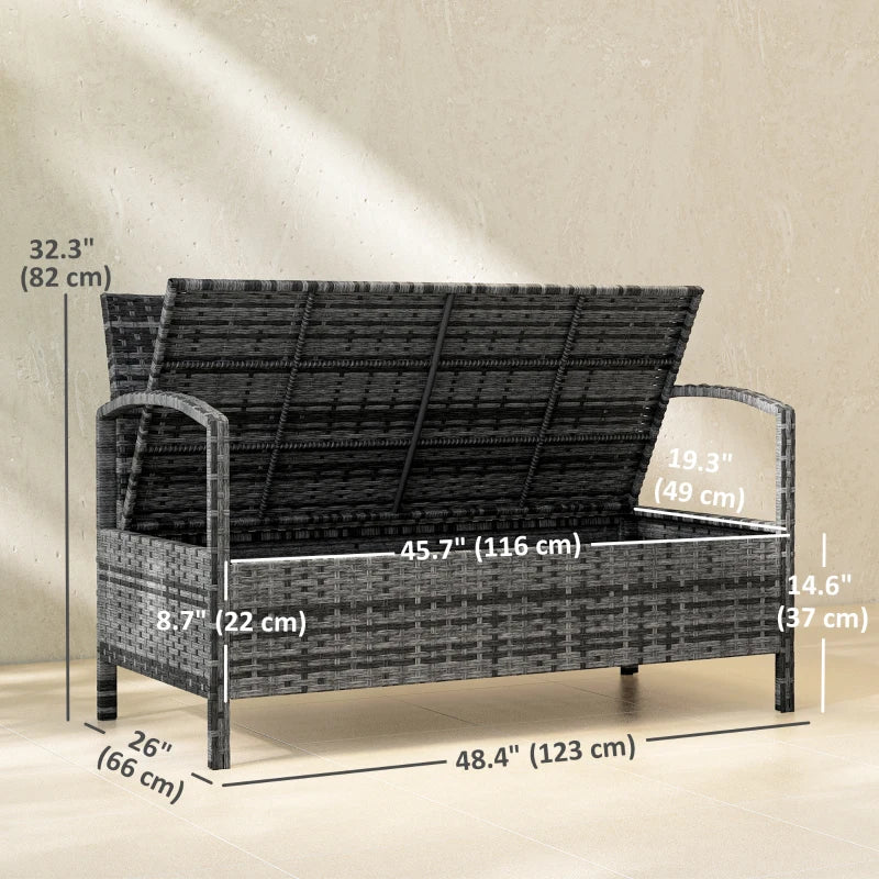 33 Gallon Outdoor Storage Bench, Wicker Deck Box Patio Bench Seat with Cushion, Grey