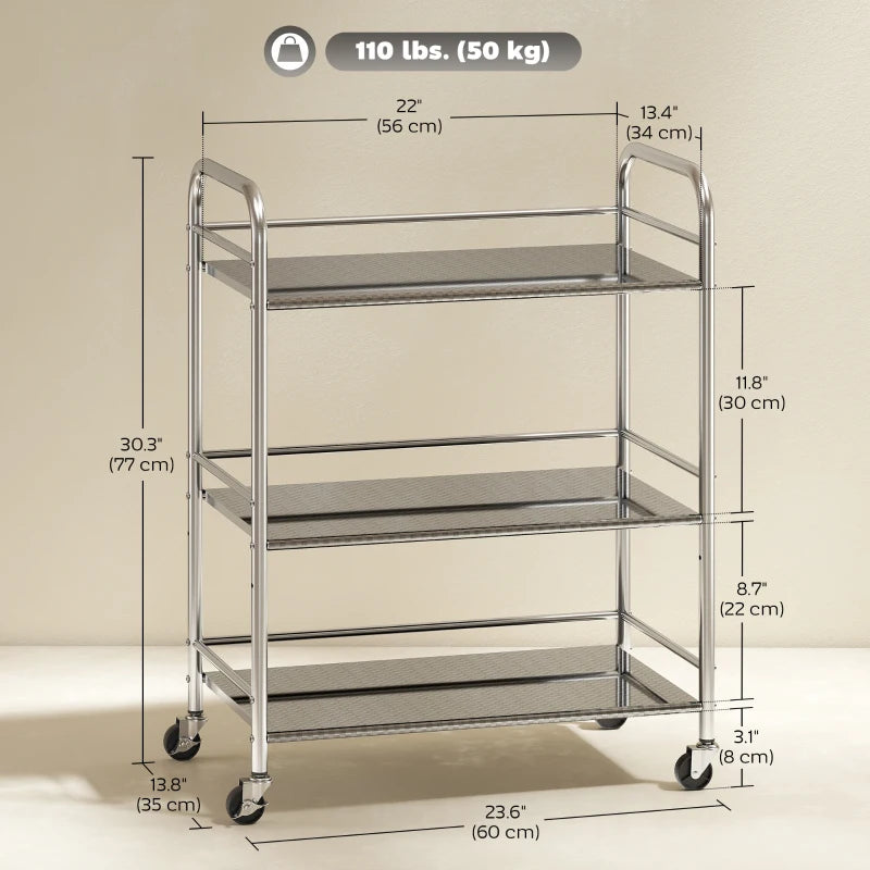 3 Tier Stainless Steel Rolling Cart with Adjustable Shelf, Utility Cart on Wheels with Handles for Kitchen, Silver