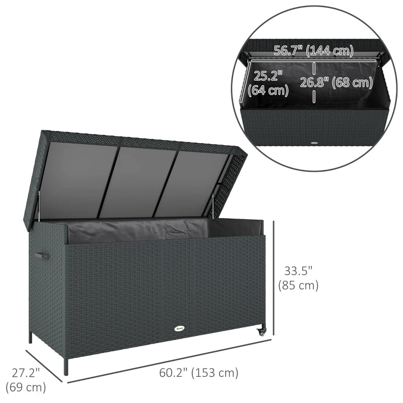 165 Gallon Deck Box, Wicker Outdoor Patio Storage Box with Waterproof Liner, Gas Strut and Universal Wheels, Black