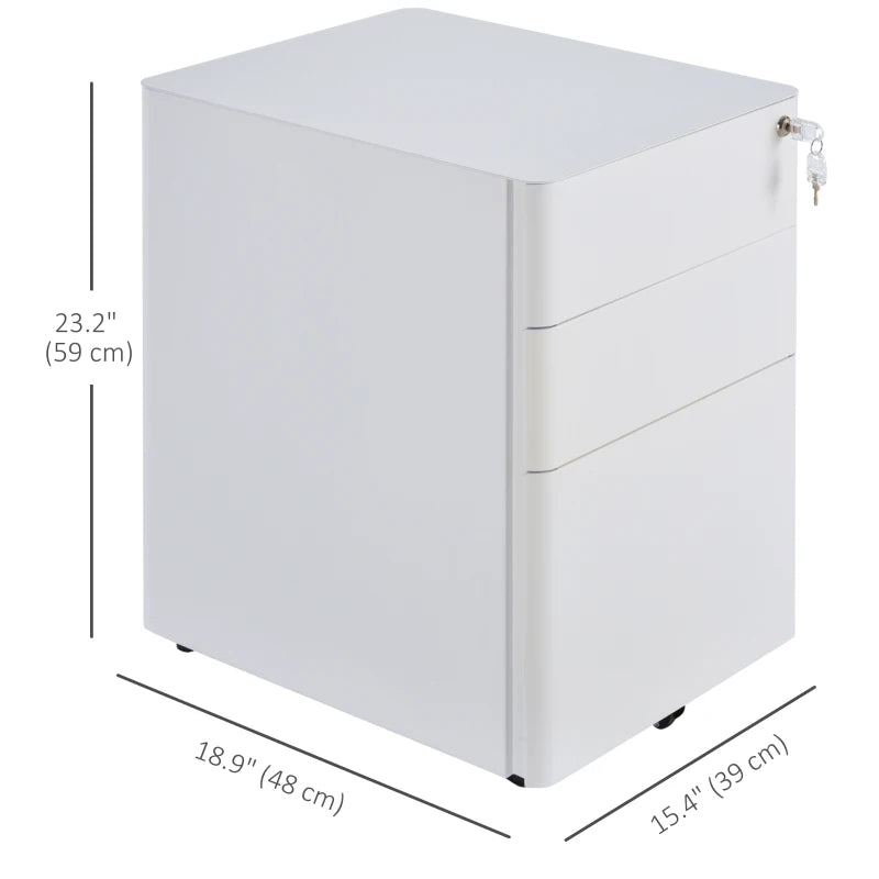 3 Drawer Filing Cabinet, Steel Home Office Storage Cabinet with Wheels, Lock for A4, Letters, Legal-sized Files, White