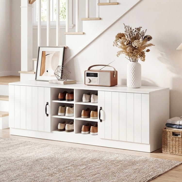 2-Door Shoe Bench Storage Cabinet with Adjustable Shelves-White