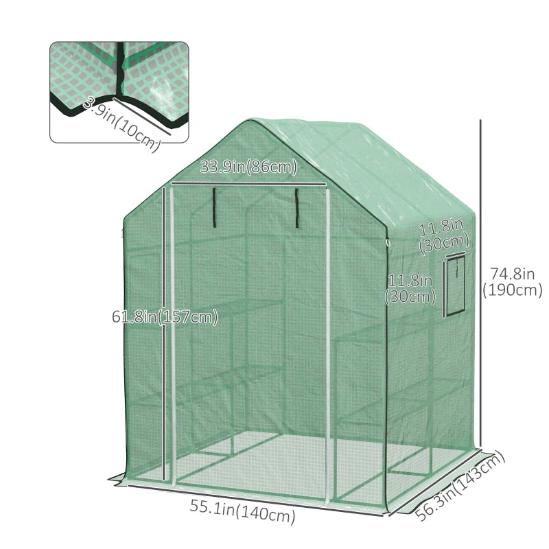 4.6' x 4.7' x 6.2' Walk-in Greenhouse with 3 Tier 8 Shelves, Outdoor Green House with Reinforced PE Cover, Garden Plant Grow Hot House Roll-up Door and Mesh Windows, Green