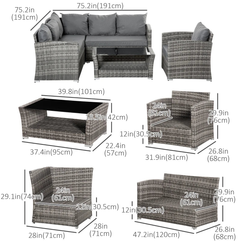 5 Pieces Wicker Patio Furniture Set with 4" Thick Cushions, Outdoor PE Rattan Garden Conversation Sectional Sofa Set with Glass Top Two-tier Coffee Table, Grey