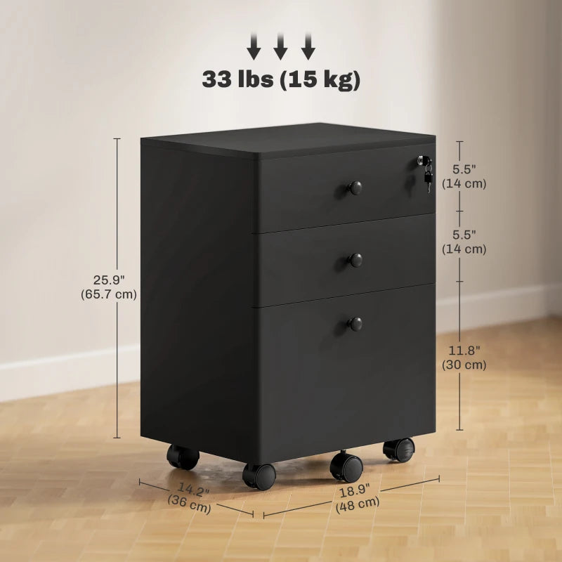 3-Drawer Small Filing Cabinet with Lock, Vertical Office Storage Cabinet with Wheels for Home Office, Black