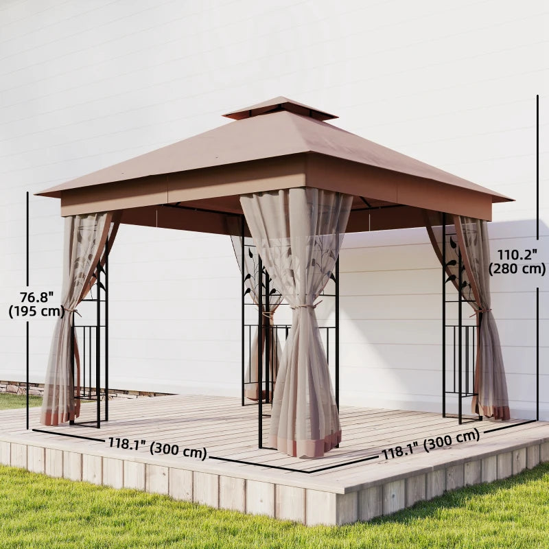 10'x10' Soft-top Steel Patio Gazebo Outdoor Sun Shelter with 2-Tier Polyester Roof, Curtain Sidewalls, Dark Brown