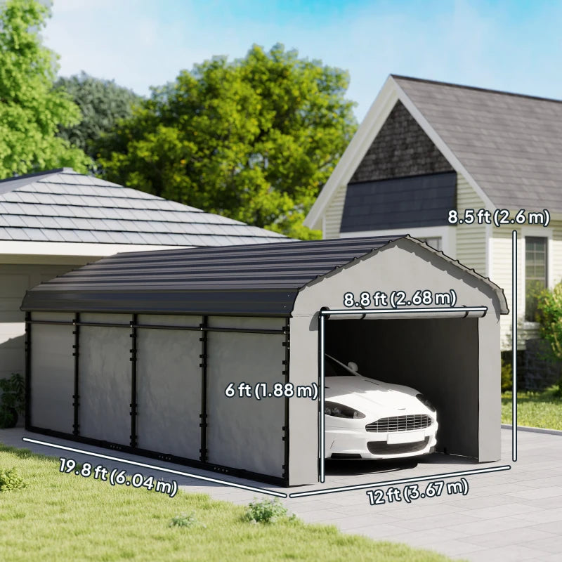 12' x 20' Metal Carport, Heavy Duty Garage Car Shelter with Galvanized Metal Roof and Removable Sidewalls, Light Grey
