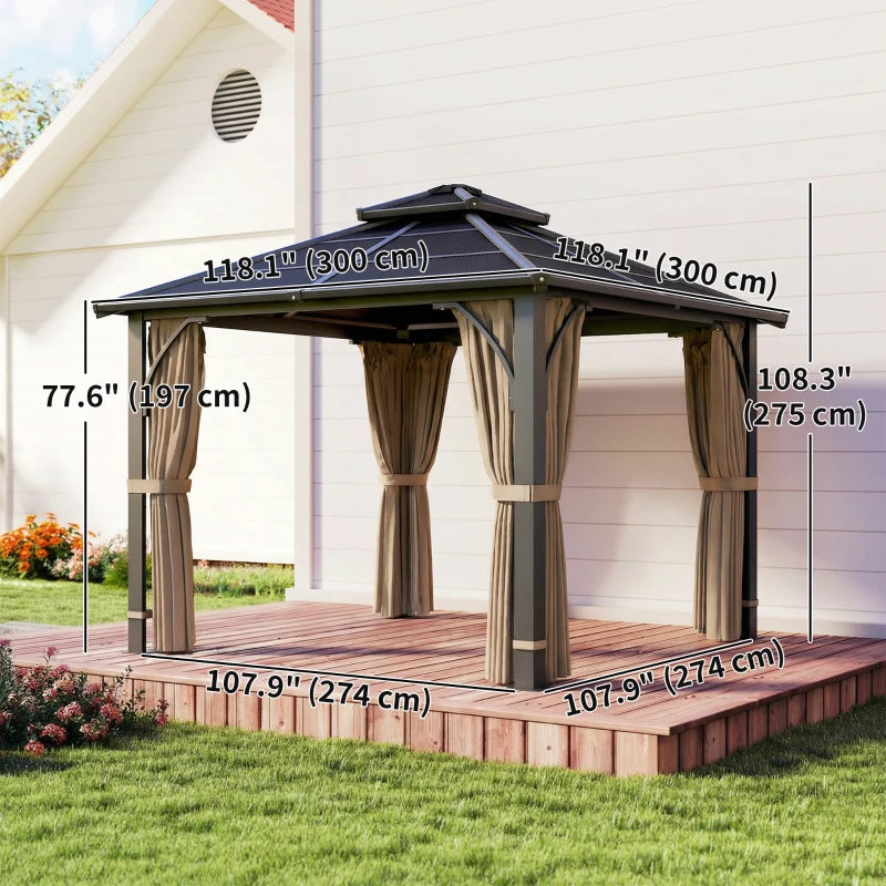 10' x 10' Hardtop Gazebo with 7mm Double Polycarbonate Roof, Outdoor Gazebo with Netting and Curtains, Khaki