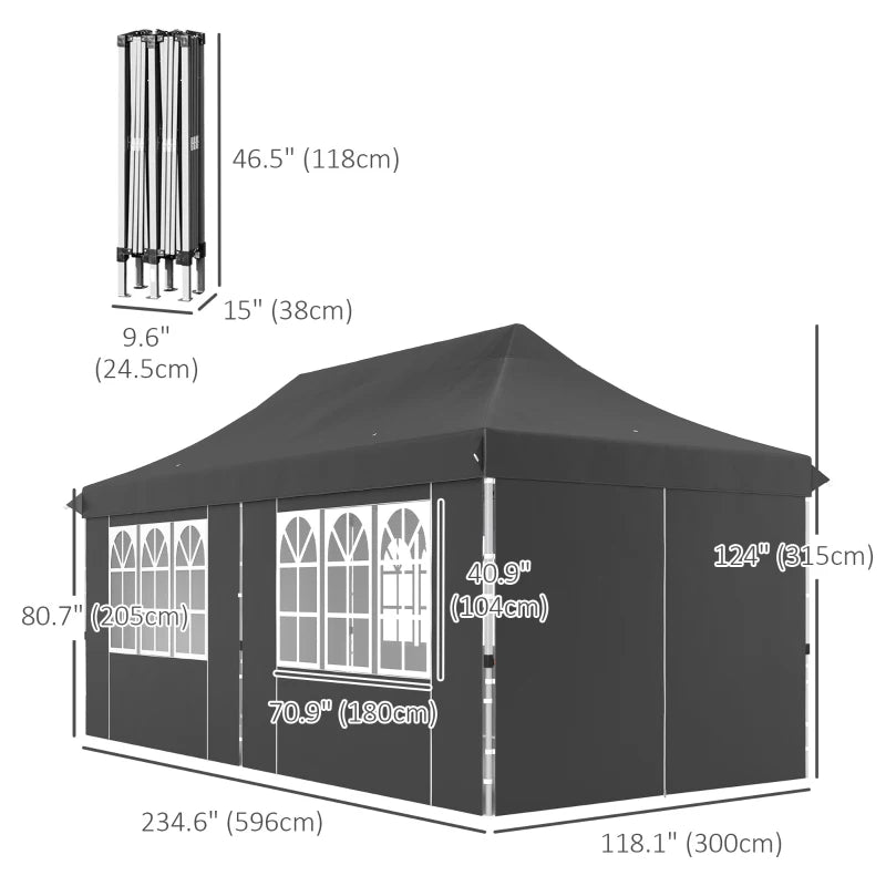 20x10 Pop Up Canopy with 6 Removable Sidewall, Carry Bag and 6 Sand Bags, Height Adjustable Instant Sun Shelter, Grey