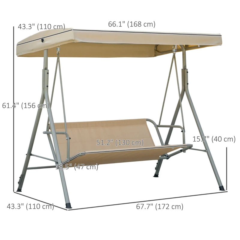 3-Seat Patio Swing Chair, Outdoor Porch Swing Glider with Adjustable Canopy, Light Brown
