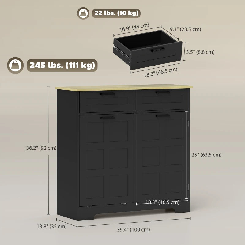 7 Gallon Tilt Out Garbage Cabinet, Kitchen Island with Trash Cabinet, 2 Drawers, Door Racks, Adjustable Shelves, Black