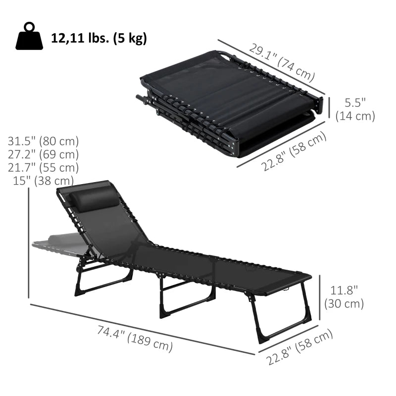 2pcs Folding Lounge Chair, Adjustable Chaise Lounge with Headrest, Reclining Lounger Cot for Camping, Black