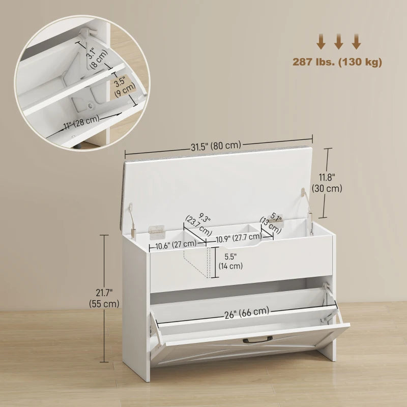 Shoe Storage Bench with Flip Drawer and Lift Top Storage, Entryway Bench with Seat Cushion for Hallway, White