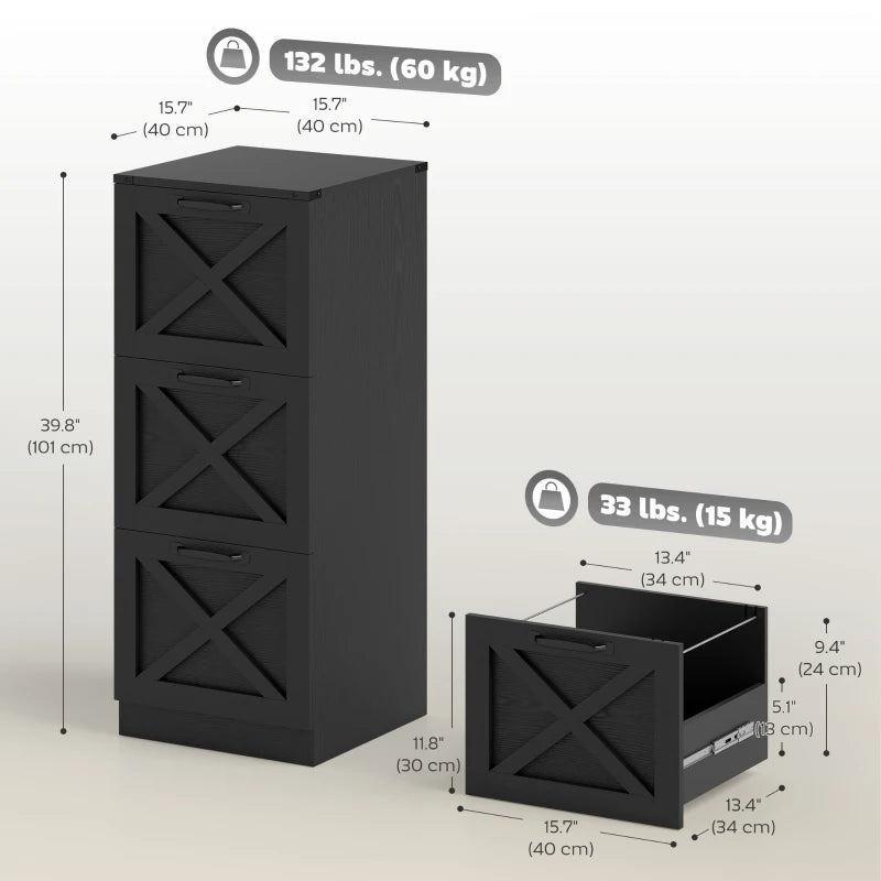 3 Drawer File Cabinet with Silent Slides, Vertical Farmhouse Filing Cabinet Fits Letter/A4 Size Home Office, Black