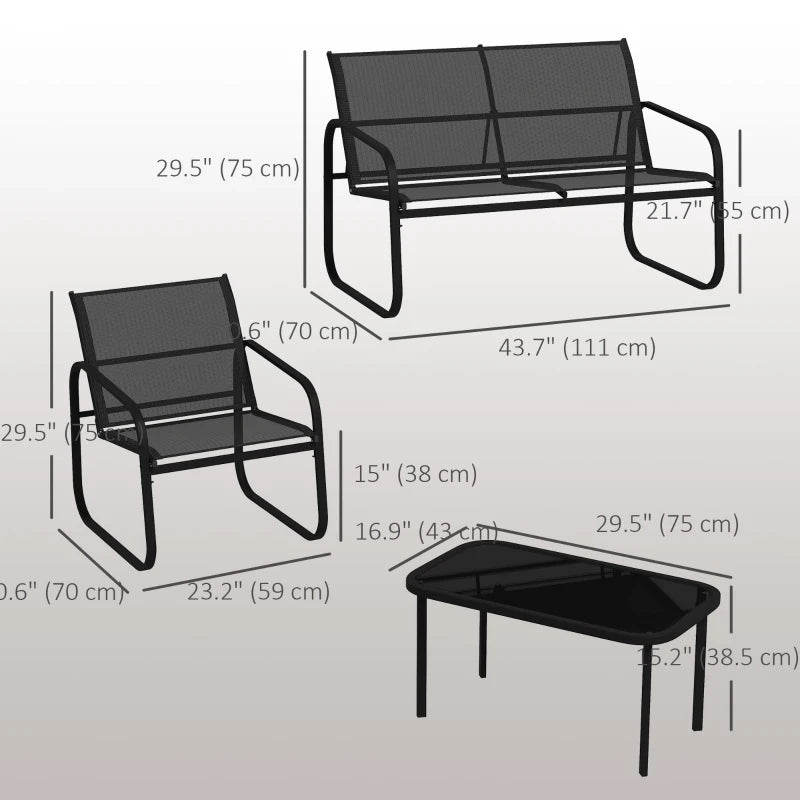 4 Piece Patio Furniture Set, Outdoor Conversation Set with 2 Loveseats, 2 Armchairs, Glass-Top Table, Black