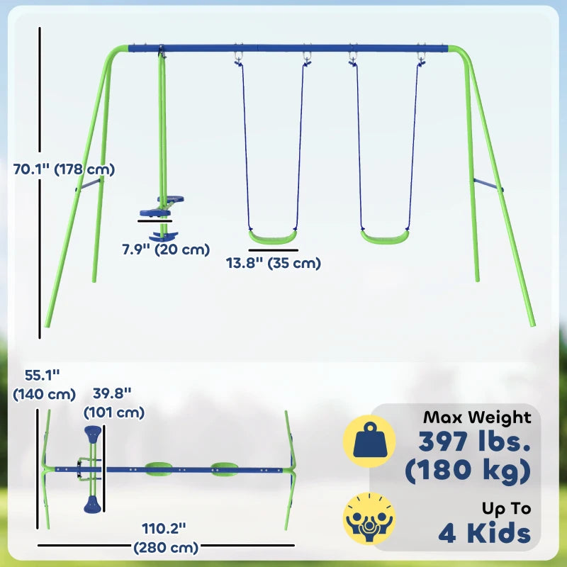 3 in 1 Metal Swing Set with Double Swings, Glider for Backyard, Outdoor, Playgroundt, Green