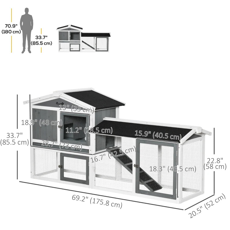69"L Wooden Rabbit Hutch Pet Playpen Bunny House Enclosure with Run Box, Slide-out Tray, Ramp, White