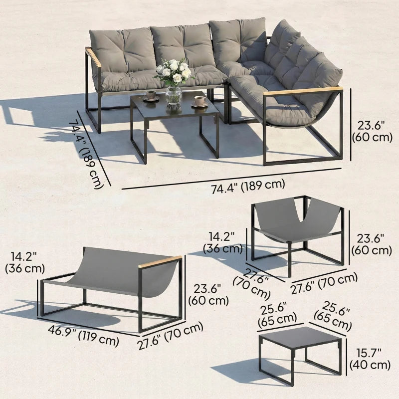 4 Piece Patio Furniture Set with Thick Cushions and Coffee Table, Patio Conversation Set for Porch, Balcony, Deck, Grey