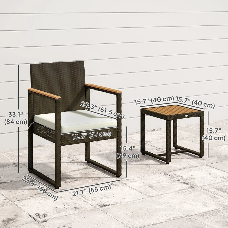 3 Pieces Wicker Patio Furniture Set, Rattan Bistro Set w/ Acacia Wood Table & Removable Cushions, White