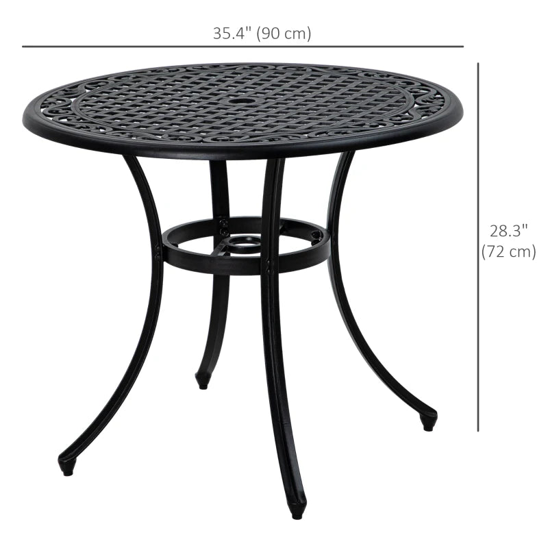 35.5" Round Outdoor Dining Table for 2-4, Cast Aluminum Garden Patio Table with 2" Umbrella Hole, Grid Top, Black