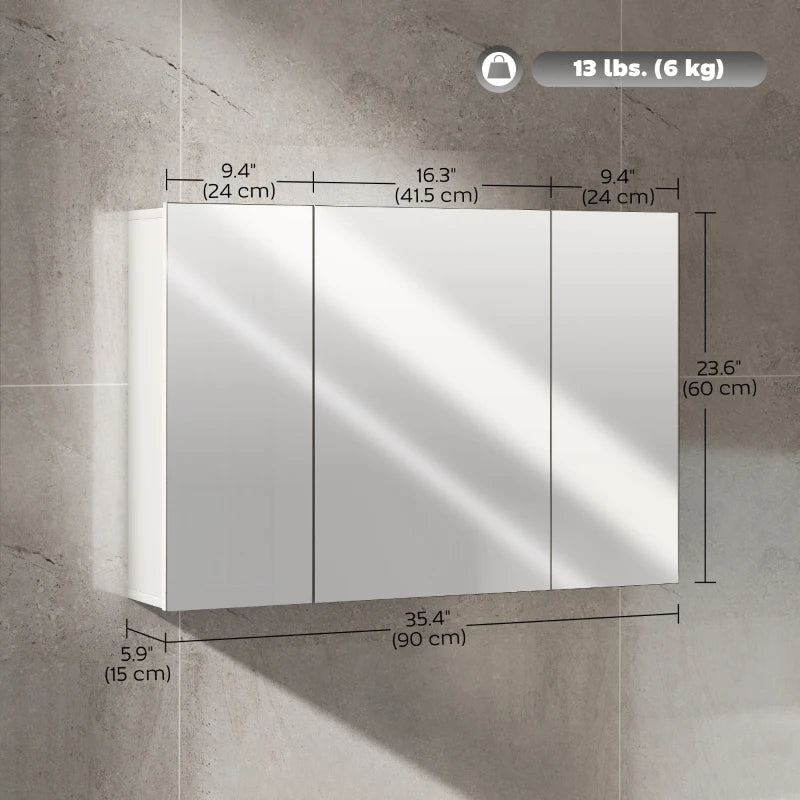 35" x 24" Wall Mounted Mirror Cabinet, Bathroom Medicine Cabinet with Mirror, 3 Doors and Adjustable Shelves, White