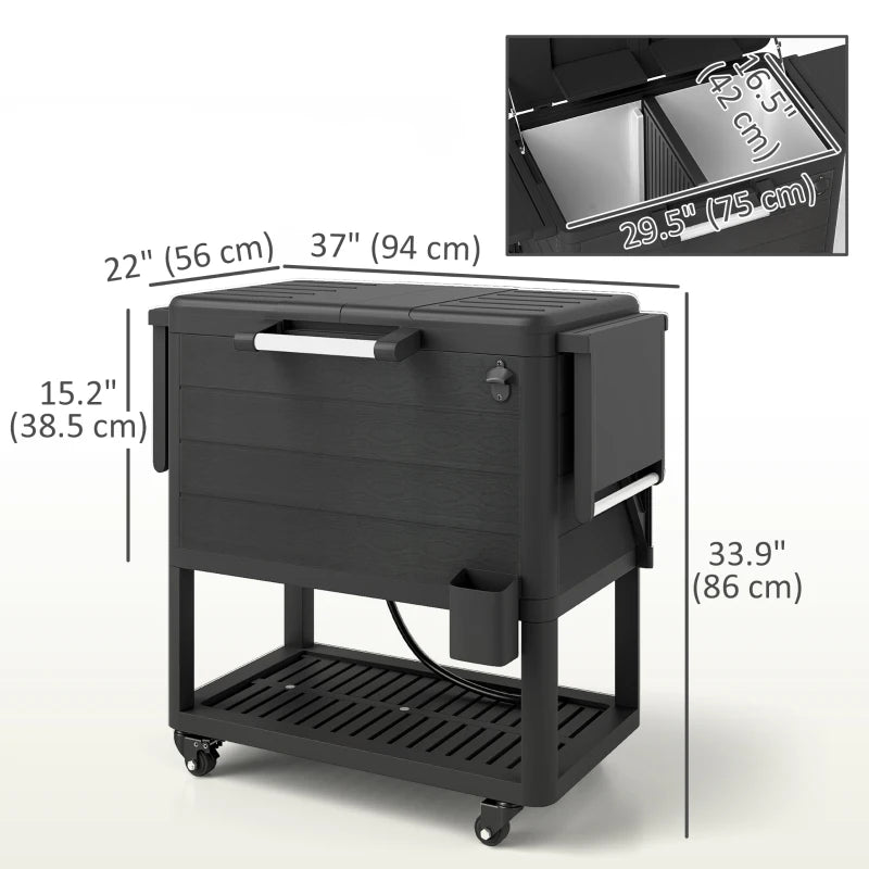104 Quart Large Capacity Outdoor Cooler Cart, Patio Rolling Ice Chest with Bottle Opener Shelves Wheels, Black