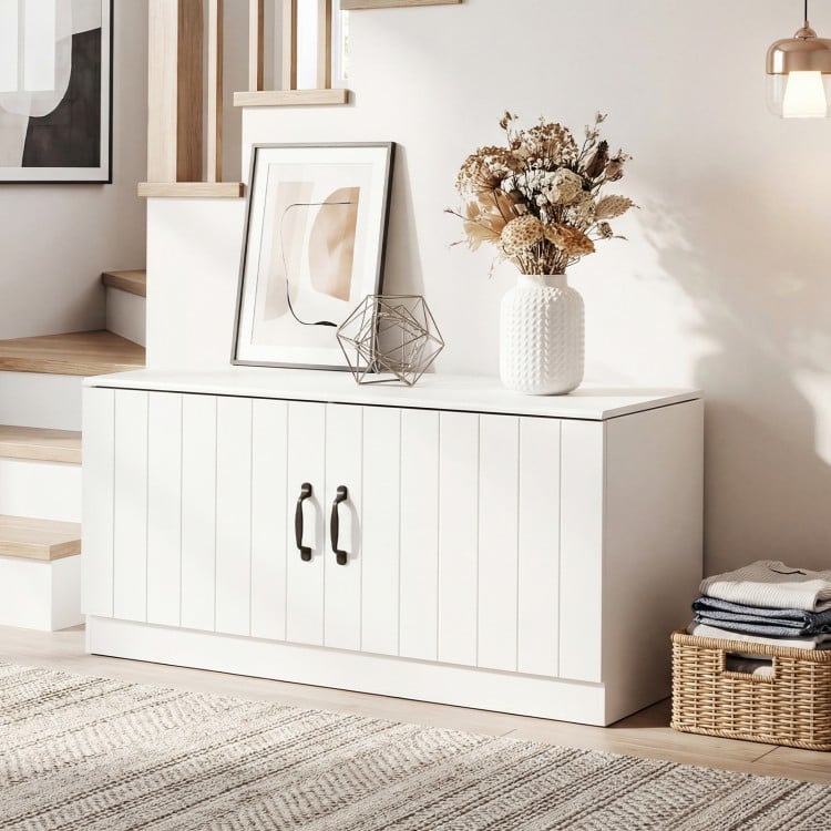 2-Door Shoe Bench Shoe Storage Cabinet with Adjustable Shelves-White
