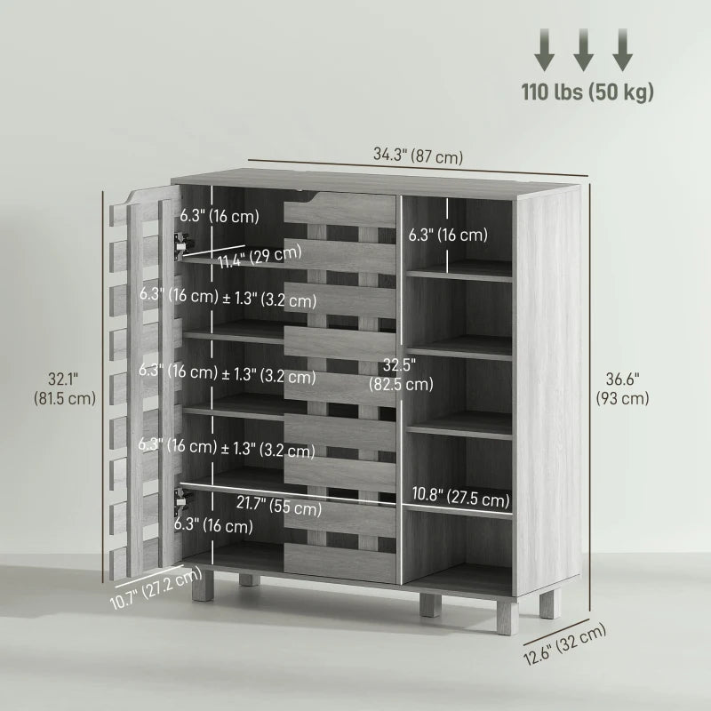 Shoe Cabinet, 21 Pair Shoe Storage Cabinet Organizer with 5-tier Double Door Cabinet and 5-tier Open Shelves, Light Grey