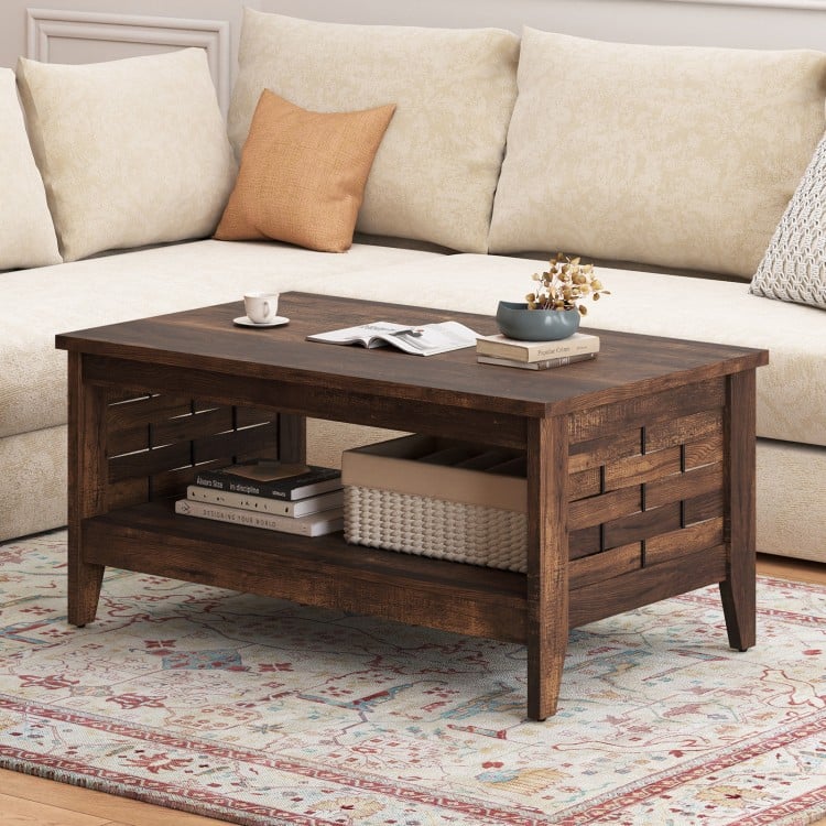 2-Tier Farmhouse Coffee Table with Open Shelf and Woven Decorations for Living Room-Rustic Brown