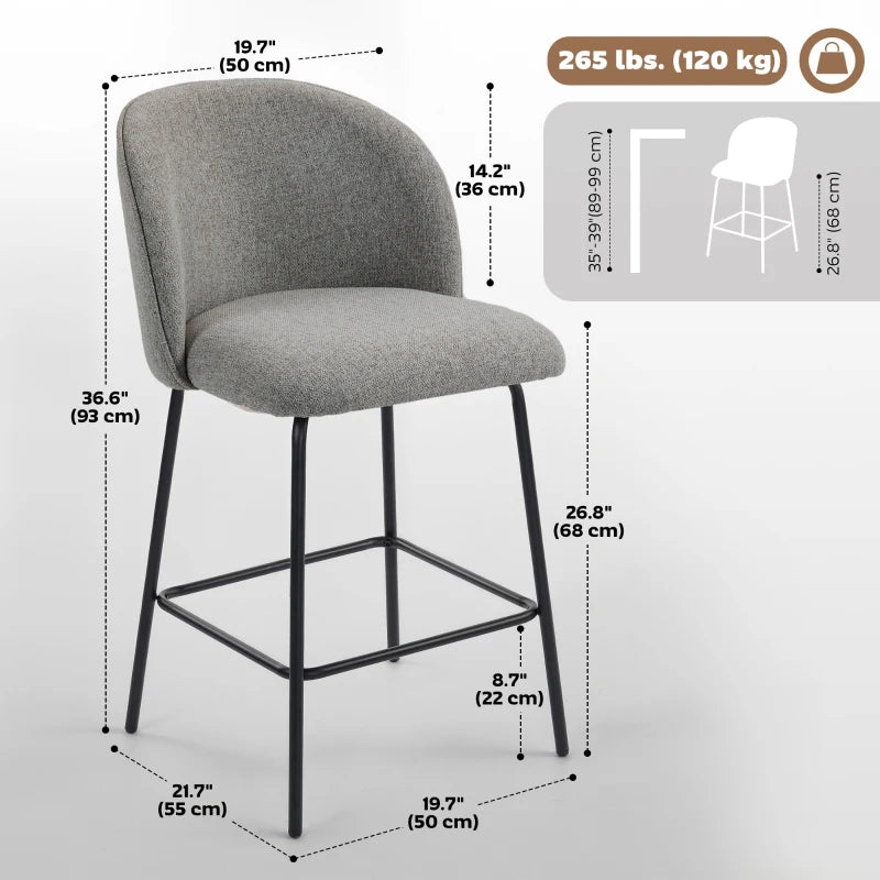 Set of 2 Counter Height Barstools, Upholstered Linen Bar Stools with Backrest, Footrest and Steel Legs, Dark Grey
