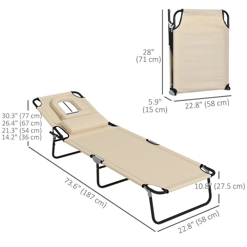 2PCS Adjustable Outdoor Lounge Chair, Garden Folding Chaise Lounge with Face Hole Reclining Tanning Chair Seat, Folding Camping Beach Lounging Bed w/ Head Support, Beige