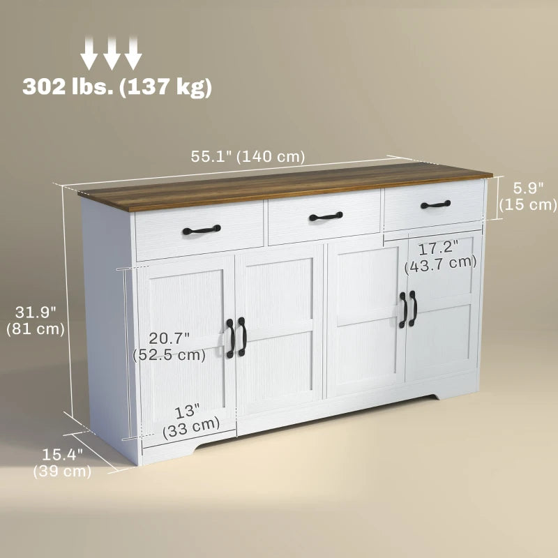 Sideboard Buffet Cabinet with Storage, Modern Coffee Bar Cabinet with 3 Drawers and Adjustable Shelves, Distressed White