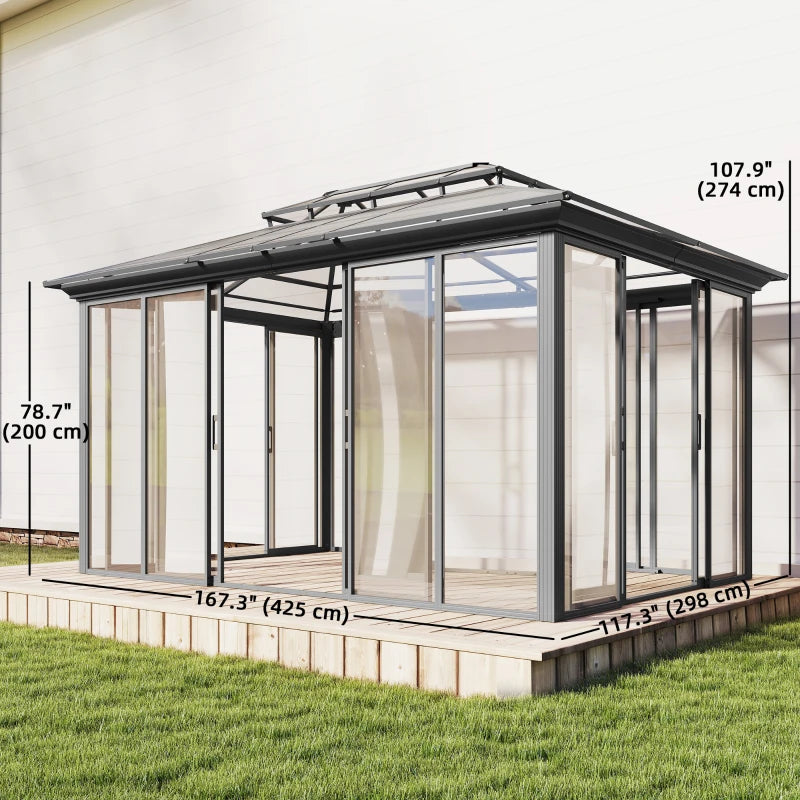 10' x 14' Outdoor Hardtop Gazebo, Aluminum Sun Room Solarium with Sliding Doors, Double Roof Patio Gazebo, Dark Grey