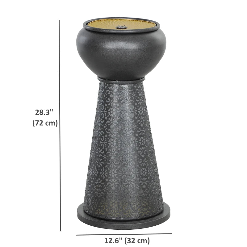 28" Tall Outdoor Water Fountain with LED Lights, Bowl Garden Waterfall Fountain with Adjustable Flow, Outdoor Water Feature with Cut-out Floral Base, Dark Grey and Yellow