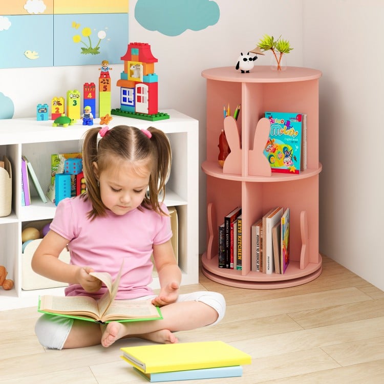 2 Tier Freestanding Kids Rotating Bookshelf Storage Rack with Bunny Baffles-Pink