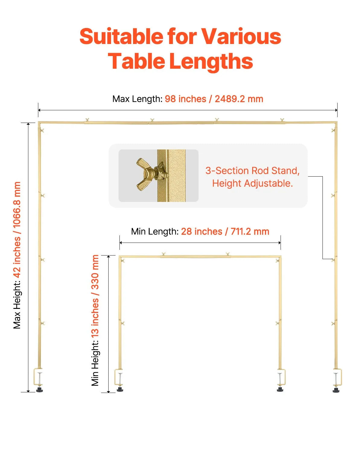 VEVOR Over The Table Rod Stand with Clamp Party Arch Frame 28-98 in L Adjustable