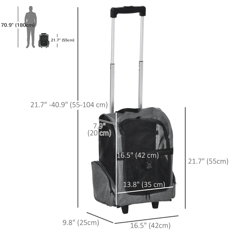 2-IN-1 Pet Luggage Box Backpack Carrier Cats Dogs w/ Handle, Rolling Wheel Grey