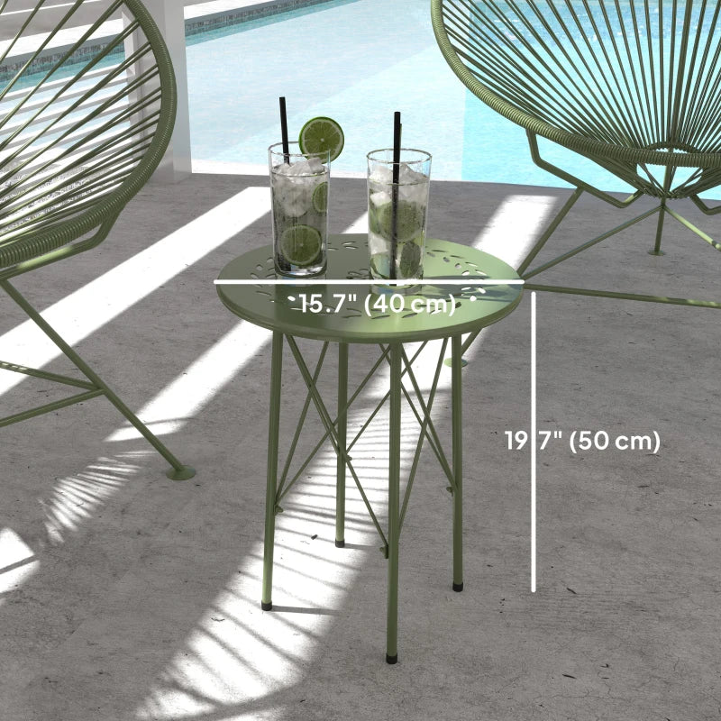 15.7" Round Garden Table with Floral Cut-Out, Steel Balcony Side Bistro Coffee Table with Adjustable Feet, Green